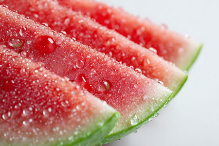 Watermelon slices with water drops on white background. Close up.の写真素材