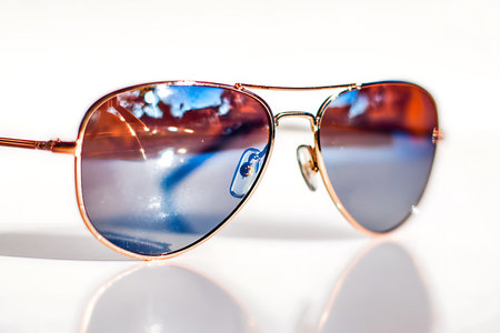 Sunglasses in an iron frame with blue glass isolated on whiteの写真素材