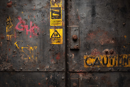 Rusty metal texture with warning signs. Industrial background. Toned.の写真素材
