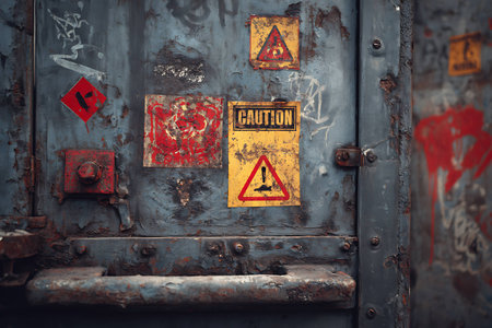 Old rusty metal door with warning signs, closeup. Industrial backgroundの素材
