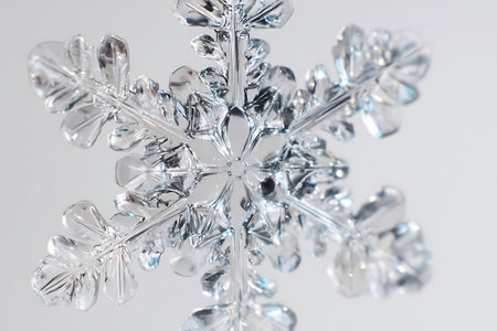 Macro shot of a crystal snowflake on a white background.の写真素材