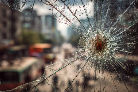 Broken glass on the street. Shallow depth of field.の写真素材
