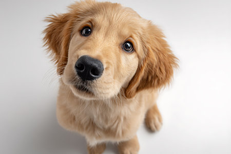 Studio shot of a cute Golden Retriever puppy on white background.の写真素材