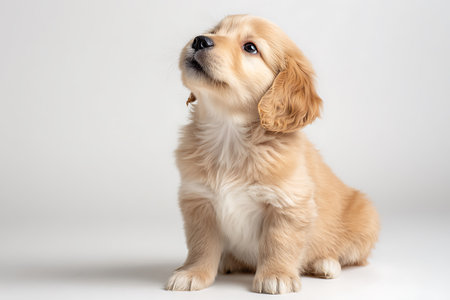 Cute Golden Retriever puppy isolated on a white studio background.の写真素材