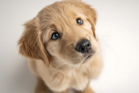 Cute Golden Retriever puppy on white background. Studio shot.の写真素材