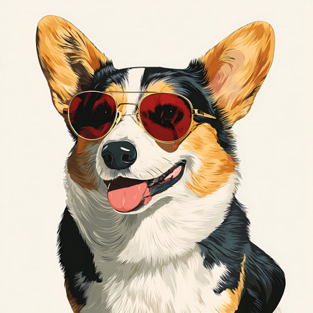Vector portrait of cute corgi dog in sunglasses. Vector illustration.の写真素材