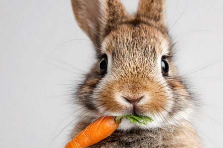 Rabbit with carrot isolated on white background. Closeup. Studio shot.の写真素材