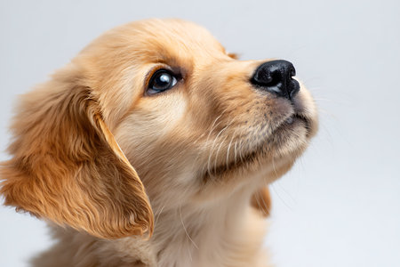 Cute golden retriever puppy on white background. Studio shot.の写真素材