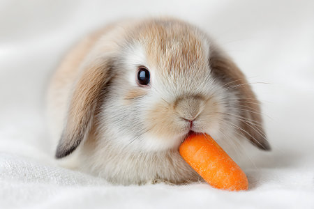 Cute baby rabbit with carrot on white background. Easter concept.の写真素材