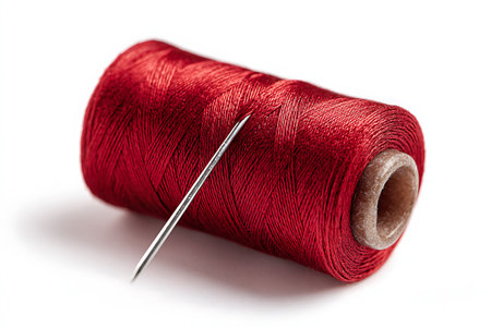 spool of red thread with needle isolated on white background, closeupの写真素材
