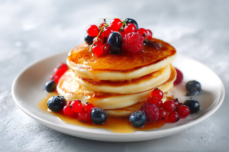 Plate with tasty pancakes and berries on light background, closeupの写真素材