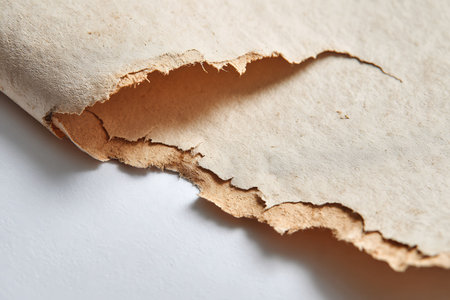 Old torn paper on white background. Shallow depth of field.の写真素材