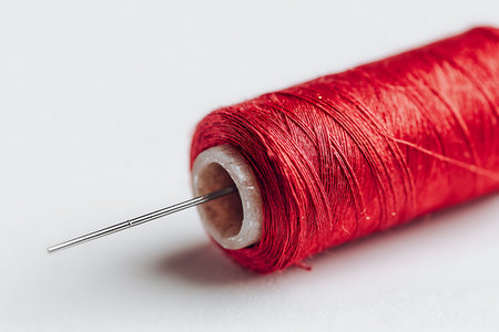Spool of red thread with needle isolated on a white background.の写真素材
