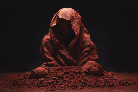 Halloween concept: man in a red cloak with a hood on a dark backgroundの写真素材