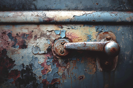 Old rusty door handle on grunge metal background. Close up.の写真素材