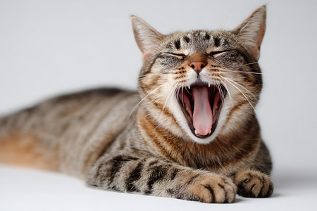 Portrait of a yawning tabby cat lying on white backgroundの写真素材