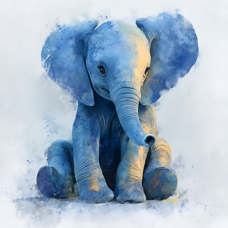 Elephant sitting on the ground in the blue and yellow watercolorの写真素材