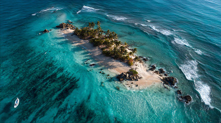 Aerial view of beautiful tropical island with white sand beach, palm trees and turquoise seaの写真素材