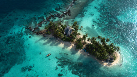 Aerial view of tropical island with coral reef and palm trees, Maldivesの写真素材