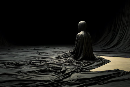 3d rendering of a person in a black cloak sitting in the darkの写真素材