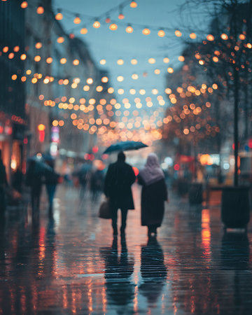 People walking in the rain on a rainy day. Bokeh lights.の写真素材