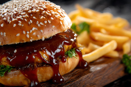 Cheese burger - American cheese burger with Golden French fries on wooden boardの写真素材