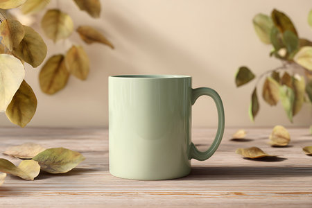 Mug mockup on wooden table with leaves. 3d renderの写真素材