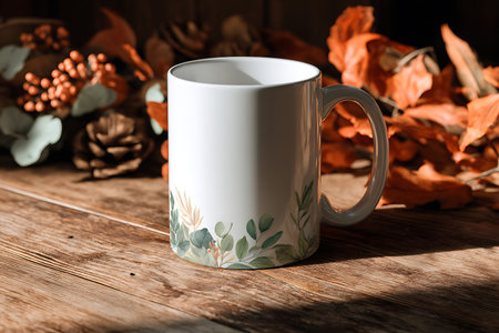 White mug with autumn leaves on a wooden background. Copy space.の写真素材