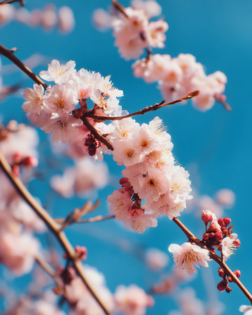 cherry blossom on blue sky background, flower in spring seasonの写真素材