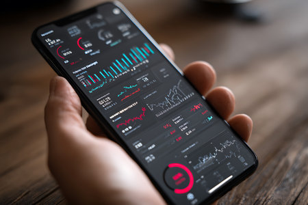Smartphone screen displaying stock market data on the screen. Online trading concept.の写真素材