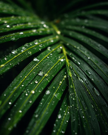 Water droplets on the leaves of a palm tree after the rainの写真素材