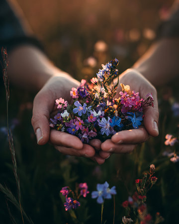 Hands holding wildflowers in a meadow at sunset.の写真素材