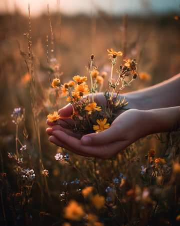 Hands of young woman holding wildflowers in field at sunsetの写真素材