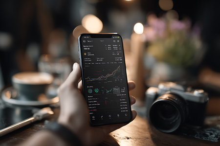 Hand holding smartphone with stock market chart on screen. Business and finance concept.の写真素材