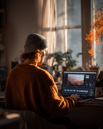 Side view of a young woman working on a laptop at home.の写真素材