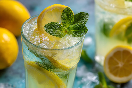 Cocktail with lemon, mint and ice on a blue backgroundの写真素材