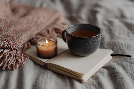 Cup of tea, book and candle on bed. Cozy home conceptの写真素材