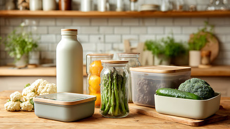 Vegetables in jars on wooden table in kitchen, closeupの写真素材