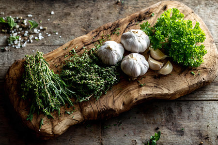 garlic and herbs on a wooden cutting board, rustic styleの写真素材