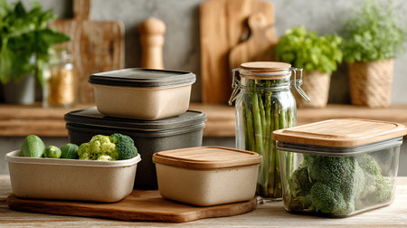 Different containers with fresh vegetables on wooden table in kitchen, closeupの写真素材