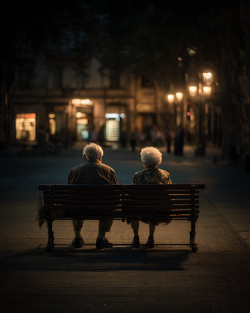 Elderly couple sitting on a bench in the street at nightの写真素材