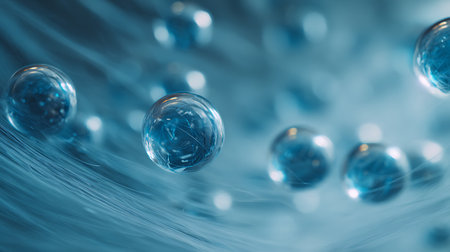 abstract 3d illustration of blue glass spheres on a blue backgroundの写真素材