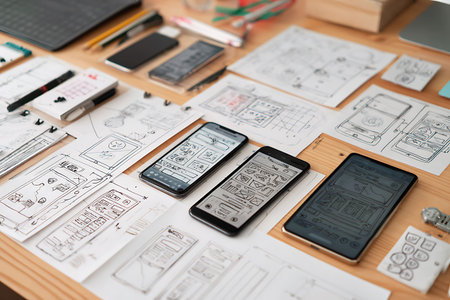 close up view of architect working with sketches and smartphone on table in officeの写真素材