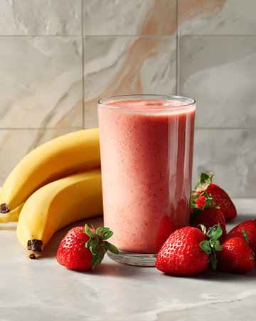 Strawberry and banana smoothie in glass on white marble tableの写真素材