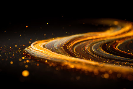 Abstract golden glittering wave on black background. Gold bokeh effect.の写真素材