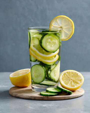 Cucumber lemonade in a glass with cucumber slices and lemon slices on a wooden board on a gray backgroundの写真素材