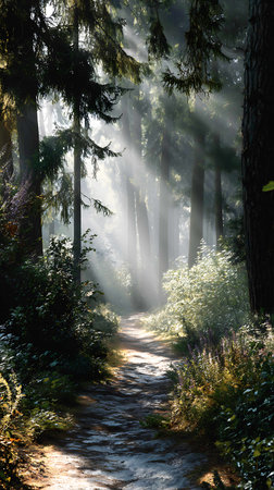 Morning in the forest. The sun's rays through the trees.の写真素材