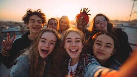 Group of friends making selfie on the roof of a building. Group of young people taking a selfie on the roof.の写真素材