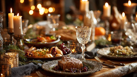 Festive table setting for Christmas and New Year dinner in rustic styleの写真素材