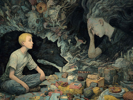 Fantasy scene with a boy and a wolf in a cave.の写真素材